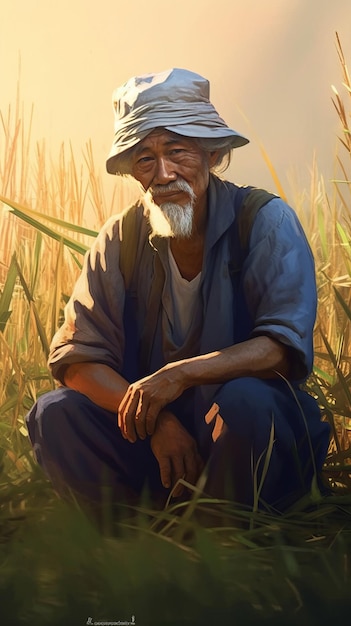 Elderly Asian farmer amidst ripe rice field