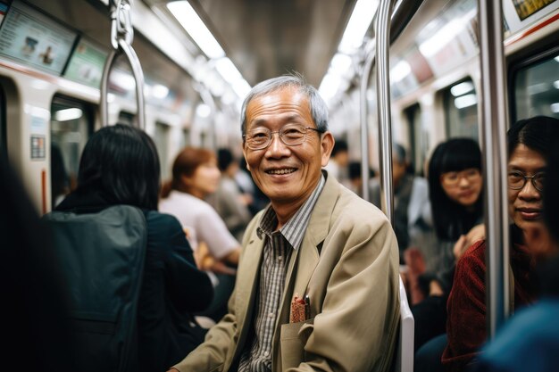 Photo elderly asian man in the metro