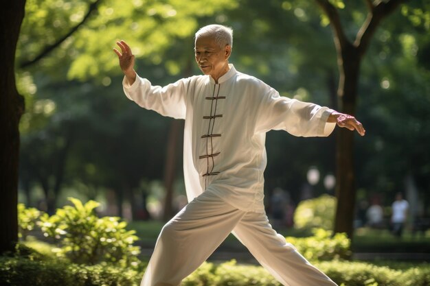 Foto un anziano asiatico pratica le arti marziali orientali in un parco estivo durante il giorno. indossa un kimono bianco e ha i capelli grigi