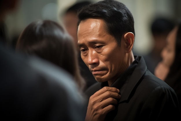 Elderly asian man with funeral sorrow and flowers in church