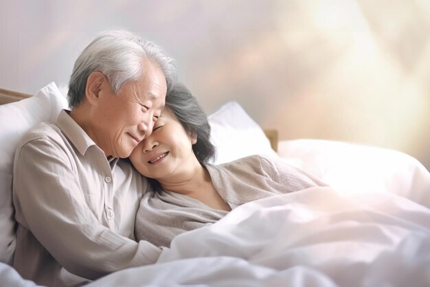 An elderly Asian man and woman are laying side by side in bed showing affection and love towards each other