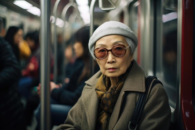 Photo elderly asian woman in the metro