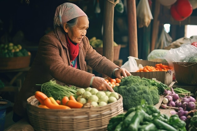 An elderly Asian woman sells organic vegetables at a farmer's market Healthly food Generative AI