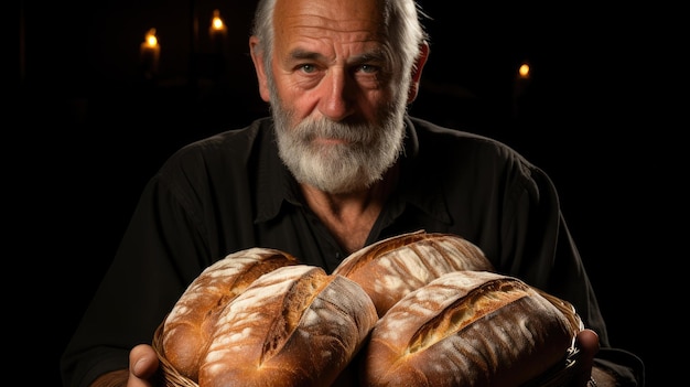 年配のパン屋が手にパンを持っている
