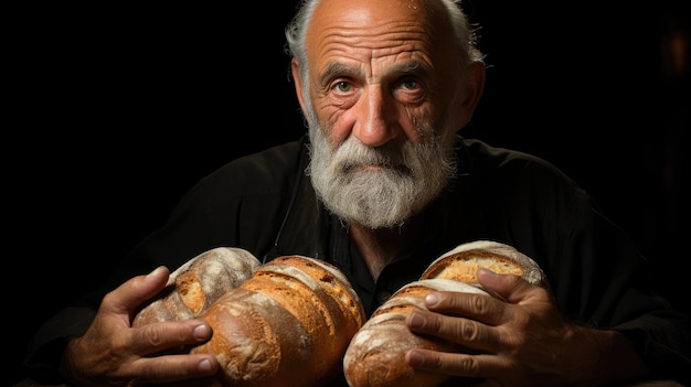 An elderly baker is holding a loaf of bread in his hands