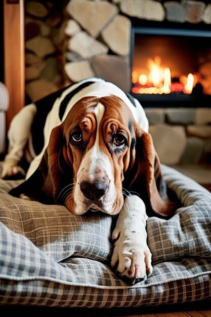 Elderly basset hound lightly snoring on dog bed in living room near lit stone fireplace