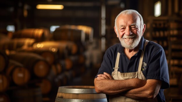 An elderly bearded man wore an apron with his arms folded over his chest Standing and smiling looking at the camera