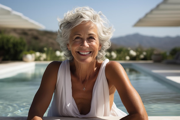 an elderly beautiful woman of 50 years old with gray white hair a wide smile in an outdoor pool