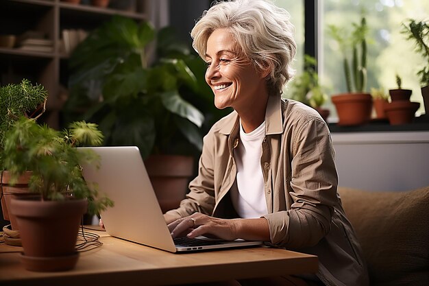 elderly beautiful woman 50 years old with gray white hair a wide smile sits at a laptop at home