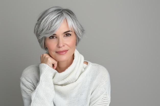 Foto vecchia bella donna con capelli grigi tagliati a corto vecchia modella in maglione a maglia bianco posa su sfondo grigio chiaro