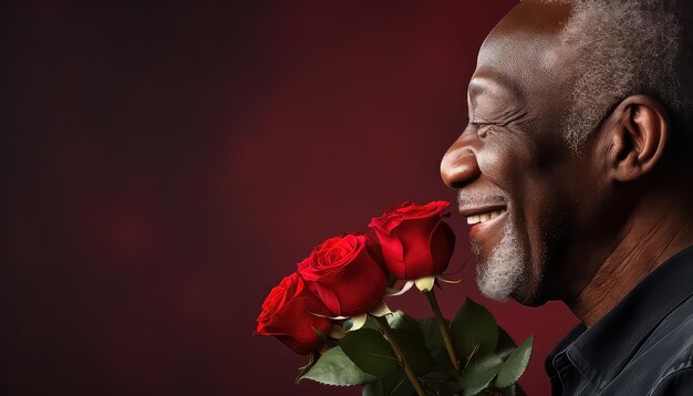 elderly black african man with bouquet of red roses valentine's day concept