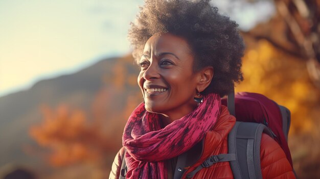 Elderly Black American woman hiking in the woods Generative Ai