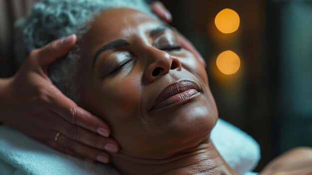 Elderly black woman enjoying facial massage at spa salon