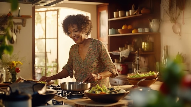 elderly black woman is seen in a kitchen skillfully preparing food with focused concentration