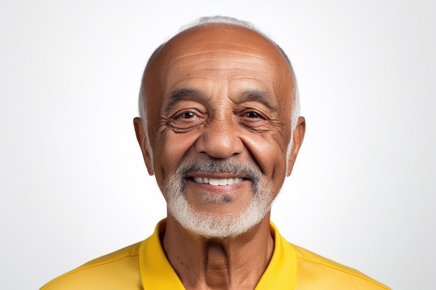 elderly Brazilian man smiling in Casual yellow polo shirt on white background