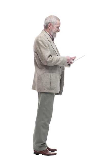 Elderly business man with a digital tablet. isolated on a white