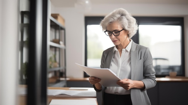 Elderly business woman holding accounting bookkeeping documents created with Generative Al technology