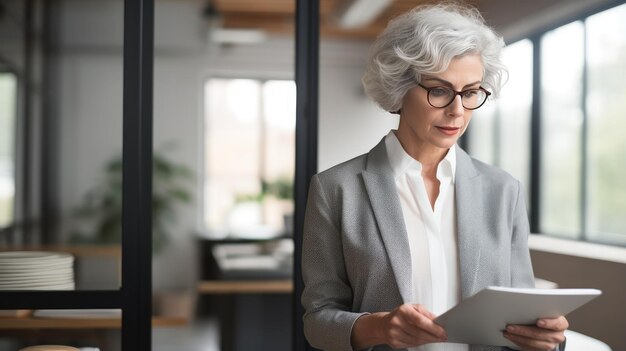 Elderly business woman holding accounting bookkeeping documents created with Generative Al technology