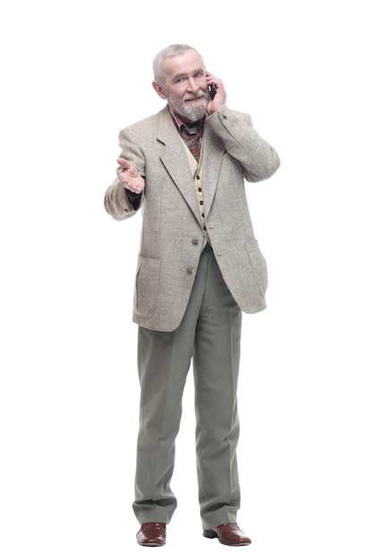Elderly businessman with a smartphone isolated on a white