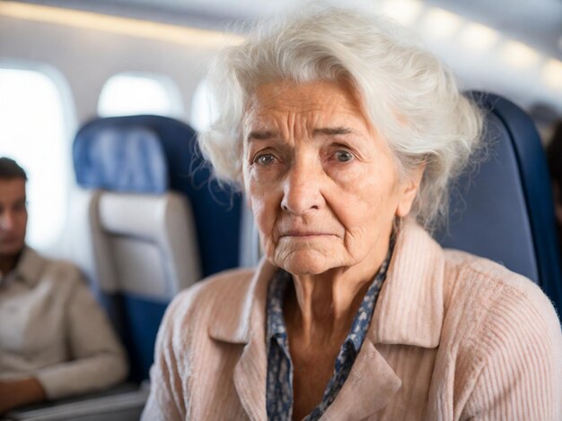 Elderly businesswoman sitting in the cabin of an airplane Generative AI