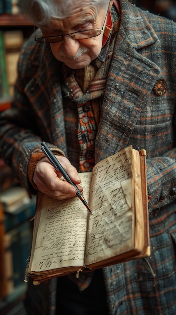 Elderly Caucasian man showing journal books cozy library wisdom history