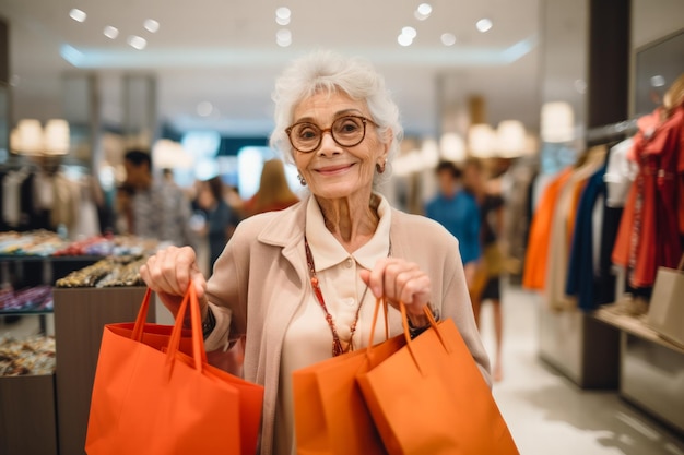 Foto vecchia donna caucasica che tiene con gioia le borse della spesa in una boutique di abbigliamento contemporaneo