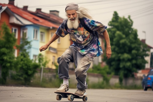 Foto un uomo anziano e allegro con la barba grigia cavalca uno skateboard