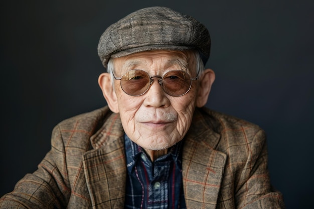 Elderly Chinese man looks youthful in studio portrait wearing trendy clothing and accessorized with sunglasses and a cap