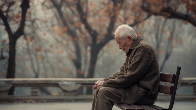 elderly chinese man reflecting on life while sitting on bench in serene autumn park