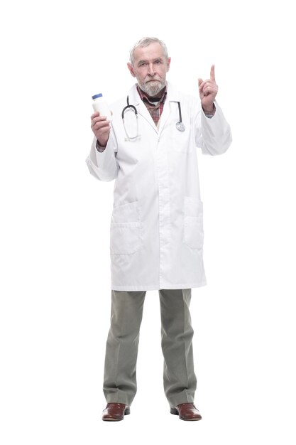 elderly competent doctor with sanitizer in hand. isolated on a white background.