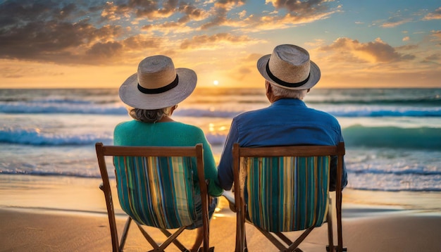 ビーチチェアに座っている年配のカップルがカメラに背を向けて海を反射する日没を眺めています