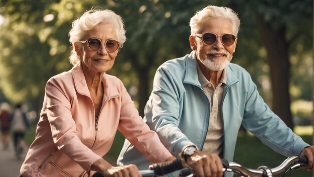 Elderly couple on a bike ride in a summer park