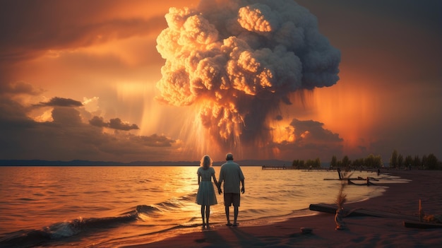 an elderly couple by the sea holding hands looking at a nuclear explosion