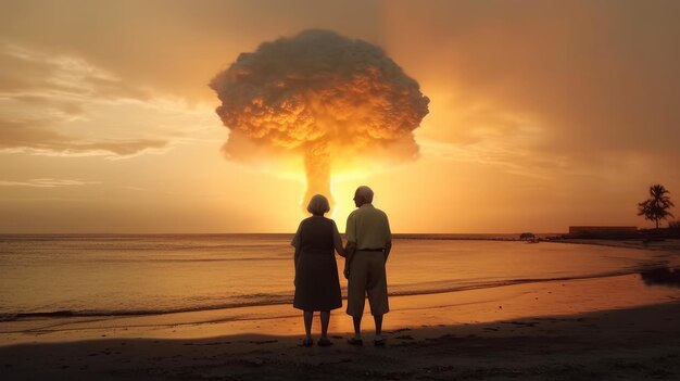 an elderly couple by the sea holding hands looking at a nuclear explosion