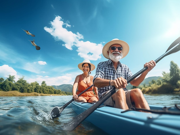 elderly couple on a canoe trip to the river generated ia
