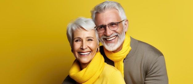 Elderly couple in casual clothes isolated on yellow background portraying happiness and love studio photo with copy space holding keys and embracing