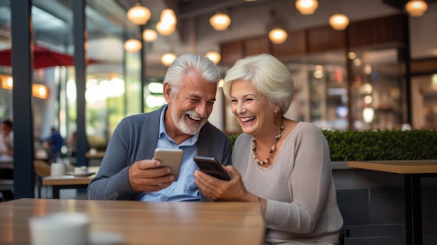 An elderly couple chatting on the phone with their family while sitting in a cafe