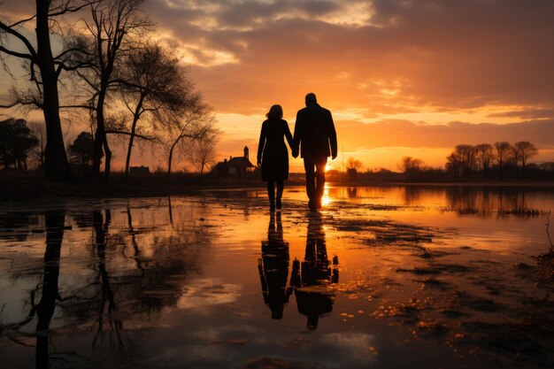 Elderly couple complicit by the lake, reflected at dusk., generative IA