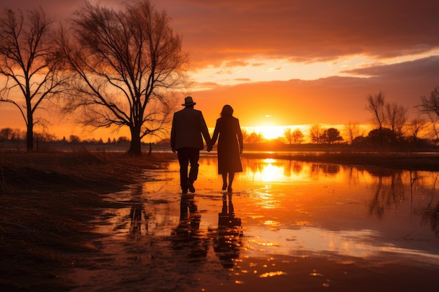 Elderly couple complicit by the lake, reflected at dusk., generative IA