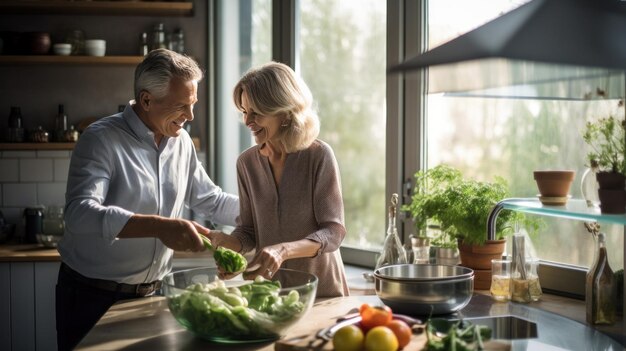 elderly couple cooking breakfast together in their spacious kitchen