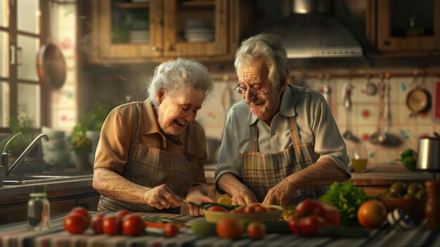 Elderly couple cooking together love and healthy lifestyle theme