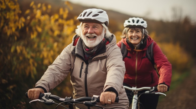 Elderly couple cycling scenic countryside helmets smiles exercise