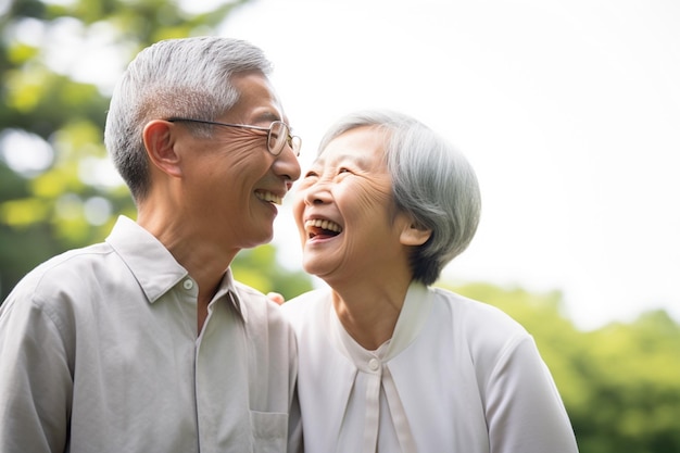 a elderly couple dancing happily and looking to each other in happiness on bokeh style background