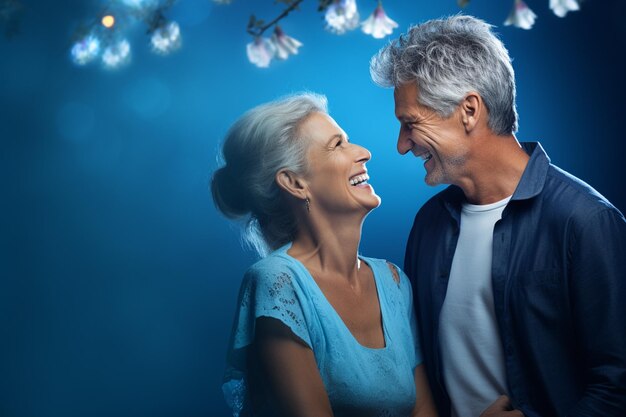 A elderly couple dancing happily and looking to each other in happiness on bokeh style background