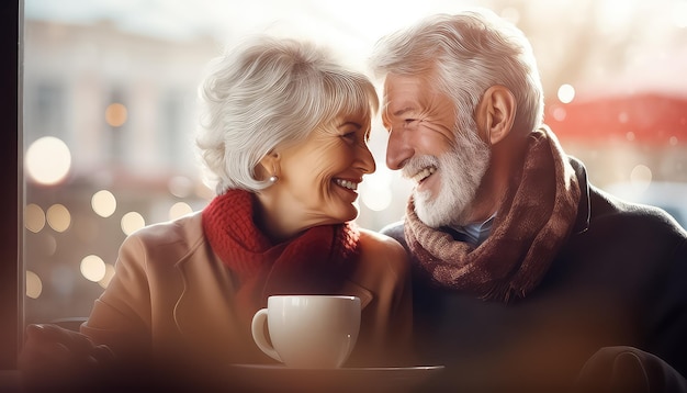Elderly couple drinking coffee together on a winter morning