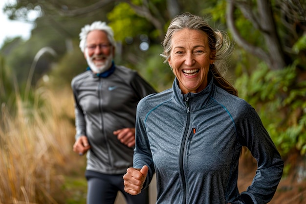 Elderly Couple Embracing Active Lifestyle Senior Man and Woman Joyfully Jogging Outdoors Together in Nature for Health and Happiness