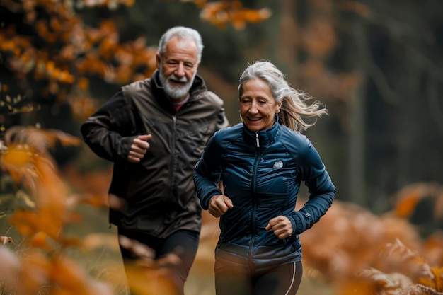 Elderly Couple Embracing Active Retirement Lifestyle Smiling Together While Jogging Outdoors in Nature for Fitness and Health