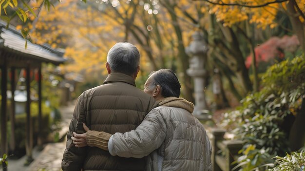 사진 은 부부 가 가을 에 평화로운 공원 에서 산책 하는 동안 안고 있다