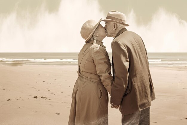 Elderly couple embracing and kissing on beach depicted in photorealistic pastiche reflecting golden age charm Generative AI