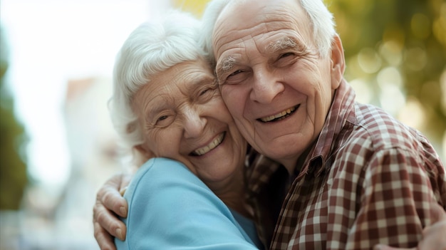 Elderly couple embracing outdoors